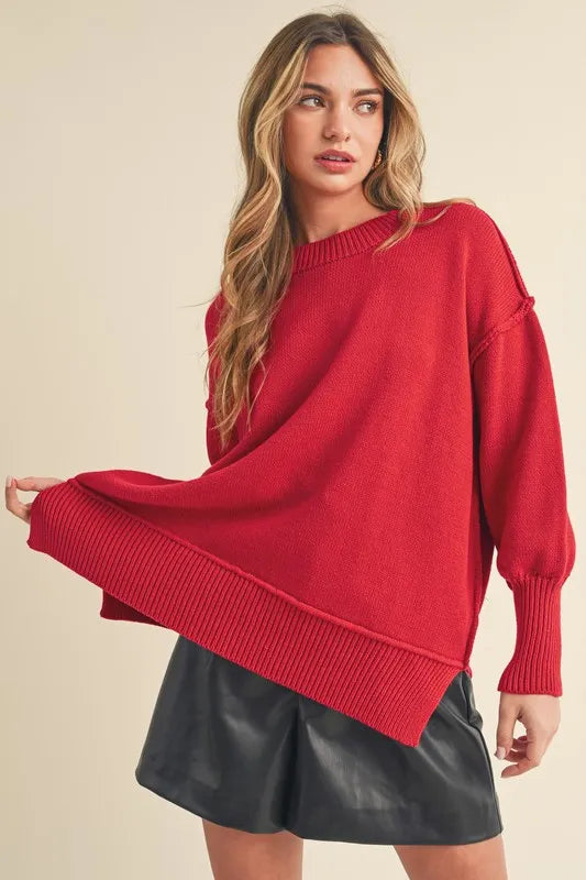Aemi+Co Ribbed Hem Side Slit Round Neck Sweater