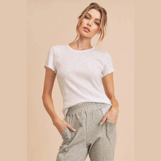 Aemi+Co Round Neck Lettuce Hem Short Sleeve T-Shirt