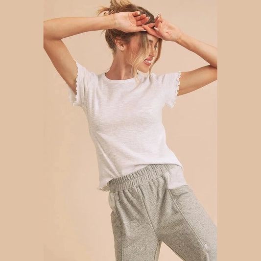 Aemi+Co Round Neck Lettuce Hem Short Sleeve T-Shirt
