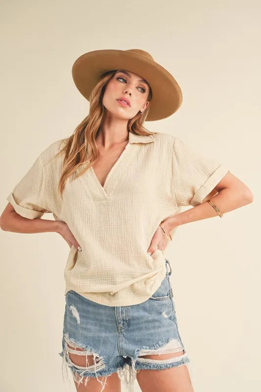 Aemi + Co Side Slit Johnny Collar Short Sleeve Cotton Gauze Blouse