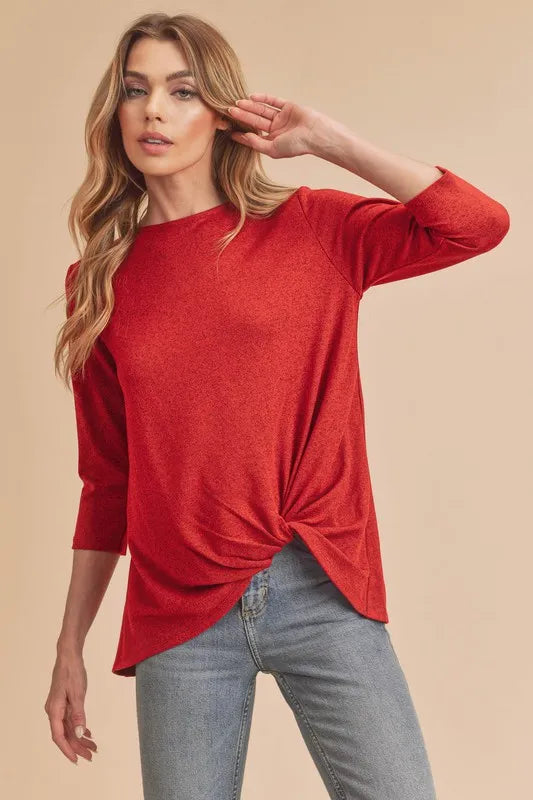 Aemi + Co Twist Front Round Neck 3/4 Sleeve T-Shirt