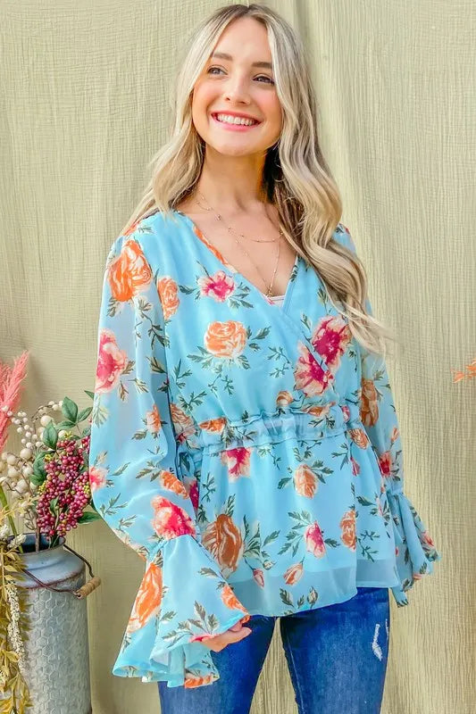 And The Why Floral Print Draw String Bell Sleeve Top