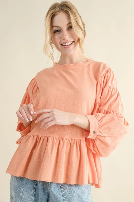 And The Why Loose Fit Tiered Raw Edge Hem Blouse