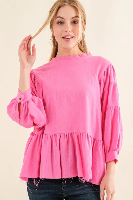 And The Why Loose Fit Tiered Raw Edge Hem Blouse Top
