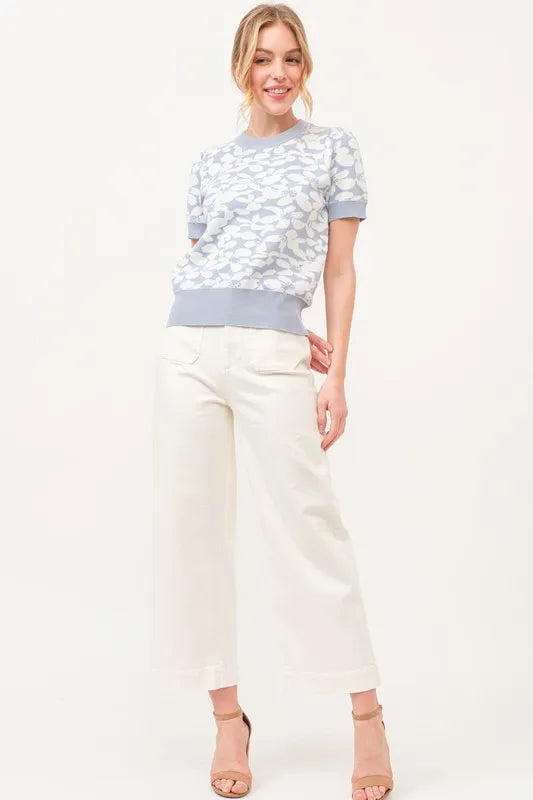 And The Why Short Sleeve Floral Pattern Knit Top