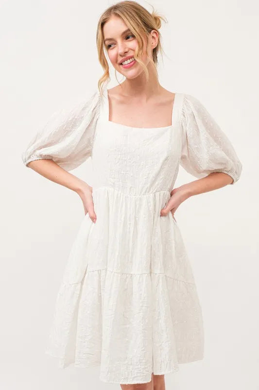 And The Why Square Neck Puff Sleeve Tiered Mini Dress