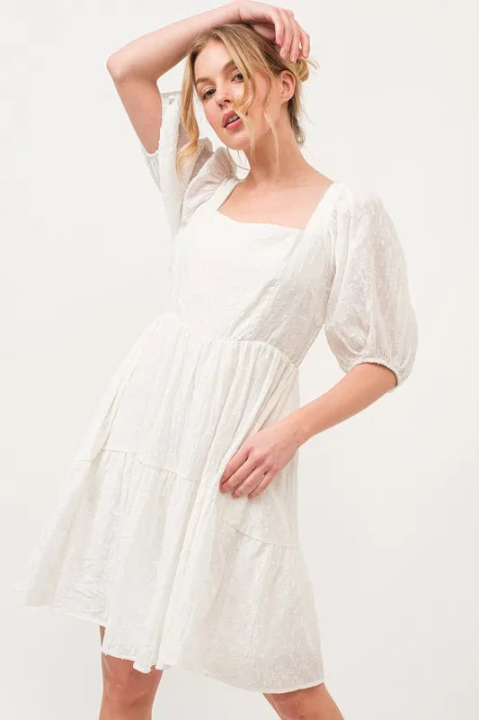And The Why Square Neck Puff Sleeve Tiered Mini Dress