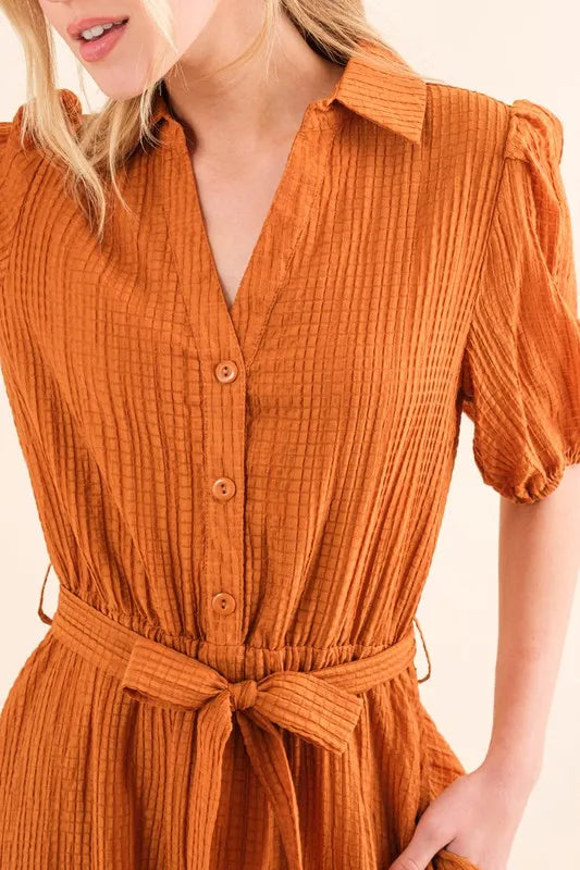 And The Why Waffle Textured Ribbon Waist Midi Dress