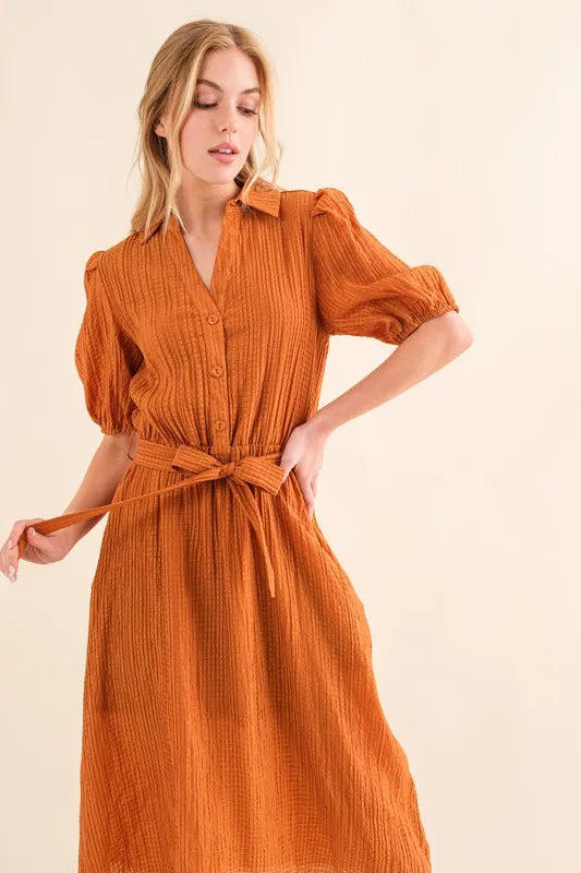 And The Why Waffle Textured Ribbon Waist Midi Dress