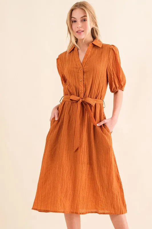 And The Why Waffle Textured Ribbon Waist Midi Dress