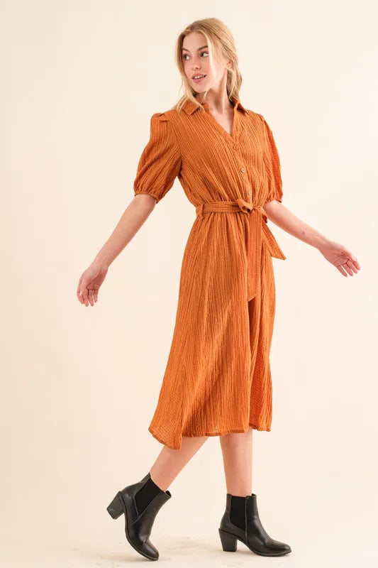 And The Why Waffle Textured Ribbon Waist Midi Dress