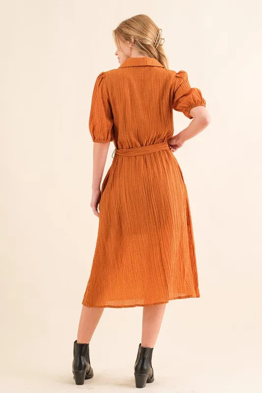 And The Why Waffle Textured Ribbon Waist Midi Dress
