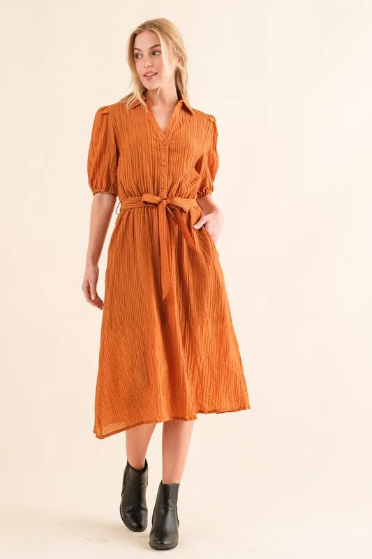 And The Why Waffle Textured Ribbon Waist Midi Dress