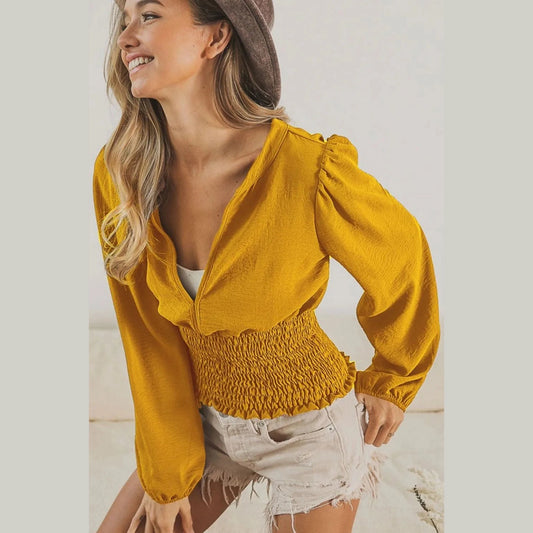 BiBi Smoking Waist Band and Puff Sleeves Deep V Neck Top