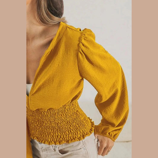 BiBi Smoking Waist Band and Puff Sleeves Deep V Neck Top