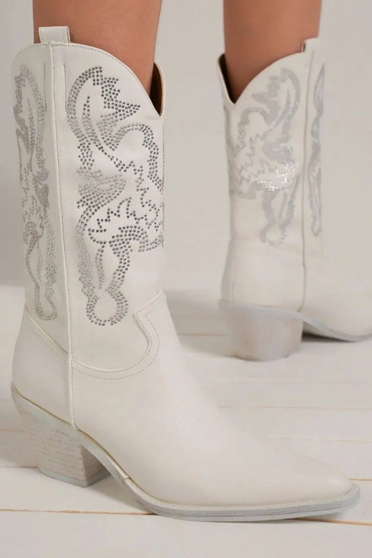 Fleur de Lis, Rhinestone Detail Point Toe Boots