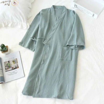 2026 Japanese-style kimono spring and summer new 100% cotton crepe ladies thin nightgown men bathrobe robe home service pajamas