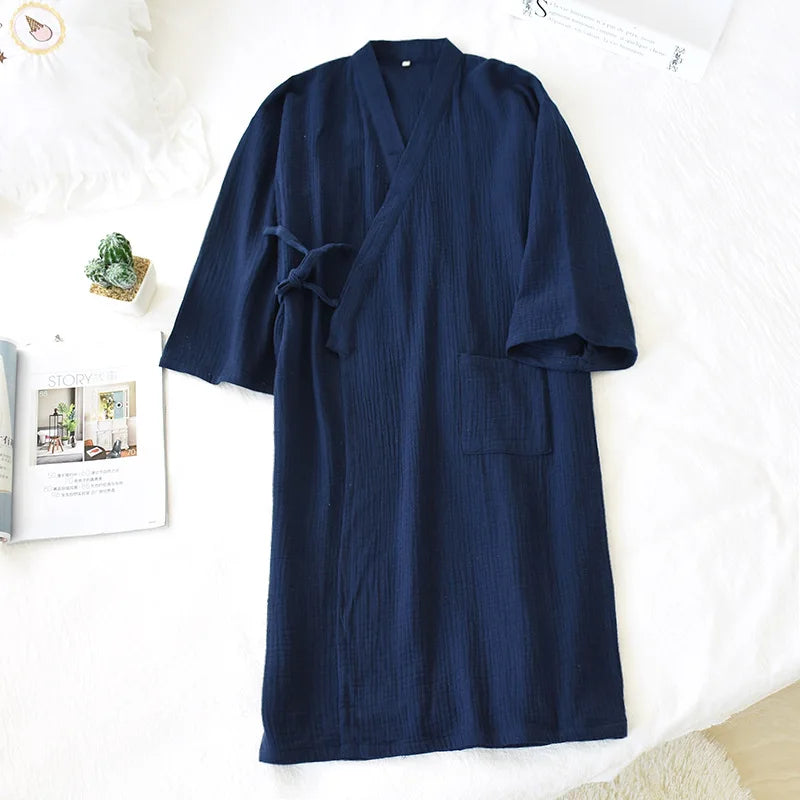 2026 Japanese-style kimono spring and summer new 100% cotton crepe ladies thin nightgown men bathrobe robe home service pajamas