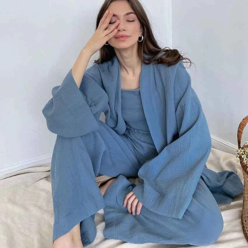 NHKDSASA Kimono Pajamas 2023 New 100% Cotton Crepe Long-Sleeved Trousers Ladies Sleepwear Suit Women's Home Service Mujer