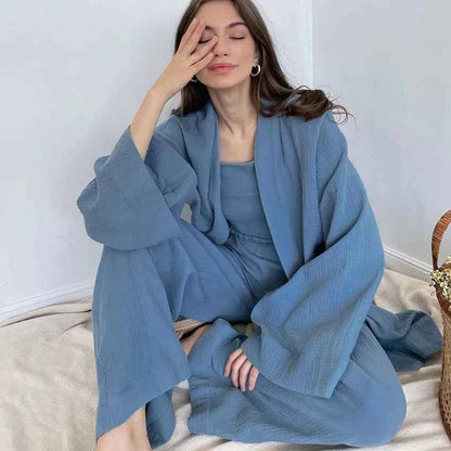NHKDSASA Kimono Pajamas 2023 New 100% Cotton Crepe Long-Sleeved Trousers Ladies Sleepwear Suit Women's Home Service Mujer