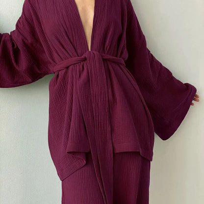 NHKDSASA Kimono Pajamas 2023 New 100% Cotton Crepe Long-Sleeved Trousers Ladies Sleepwear Suit Women's Home Service Mujer