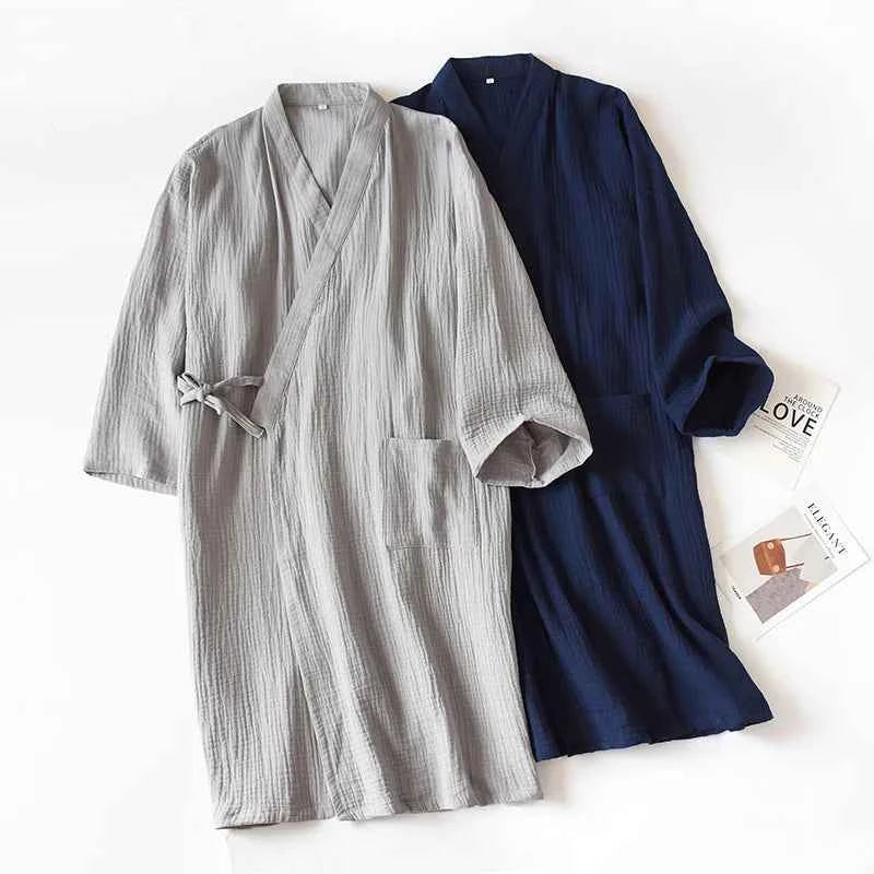 2026 Japanese-style kimono spring and summer new 100% cotton crepe ladies thin nightgown men bathrobe robe home service pajamas