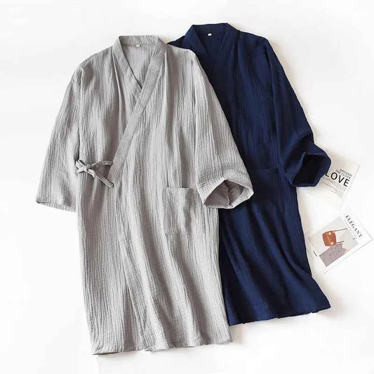 2026 Japanese-style kimono spring and summer new 100% cotton crepe ladies thin nightgown men bathrobe robe home service pajamas