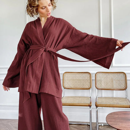 NHKDSASA Kimono Pajamas 2023 New 100% Cotton Crepe Long-Sleeved Trousers Ladies Sleepwear Suit Women's Home Service Mujer
