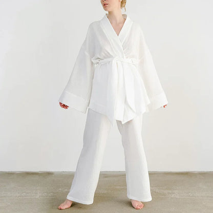 NHKDSASA Kimono Pajamas 2023 New 100% Cotton Crepe Long-Sleeved Trousers Ladies Sleepwear Suit Women's Home Service Mujer