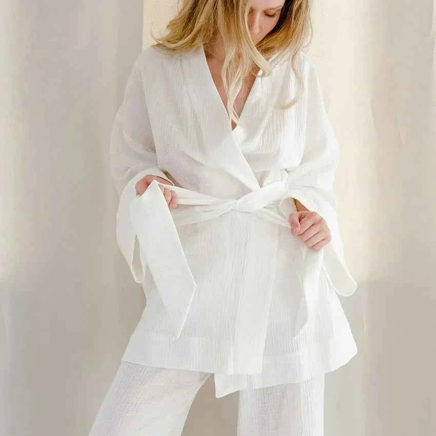 NHKDSASA Kimono Pajamas 2023 New 100% Cotton Crepe Long-Sleeved Trousers Ladies Sleepwear Suit Women's Home Service Mujer