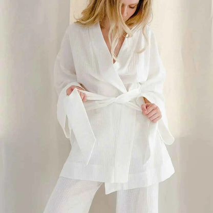 NHKDSASA Kimono Pajamas 2023 New 100% Cotton Crepe Long-Sleeved Trousers Ladies Sleepwear Suit Women's Home Service Mujer