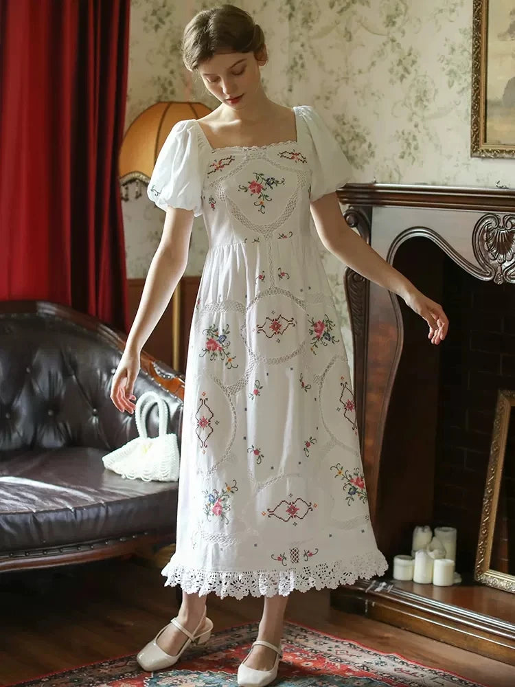 Heirloom Genevieve, French Vintage Handmade Embroidered White Cotton Dress - Mod Yours