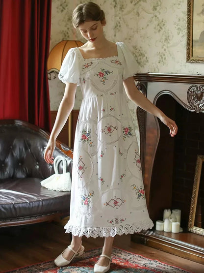 Heirloom Genevieve, French Vintage Handmade Embroidered White Cotton Dress - Mod Yours