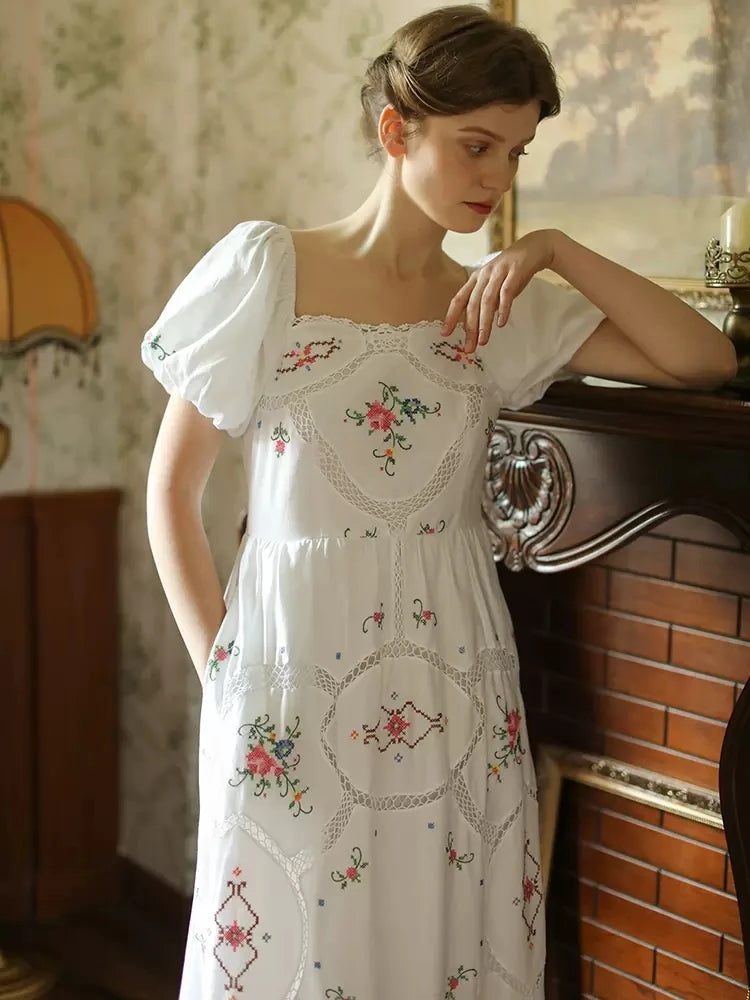 Heirloom Genevieve, French Vintage Handmade Embroidered White Cotton Dress - Mod Yours