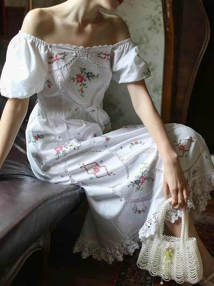 Heirloom Genevieve, French Vintage Handmade Embroidered White Cotton Dress - Mod Yours