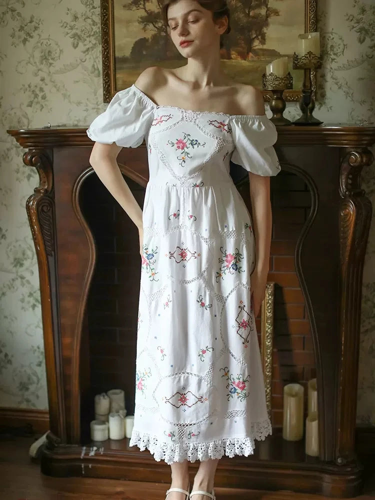 Heirloom Genevieve, French Vintage Handmade Embroidered White Cotton Dress - Mod Yours
