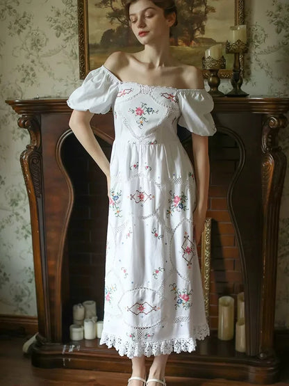 Heirloom Genevieve, French Vintage Handmade Embroidered White Cotton Dress - Mod Yours
