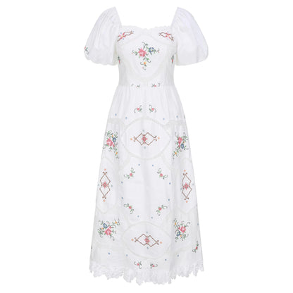 Heirloom Genevieve, French Vintage Handmade Embroidered White Cotton Dress - Mod Yours