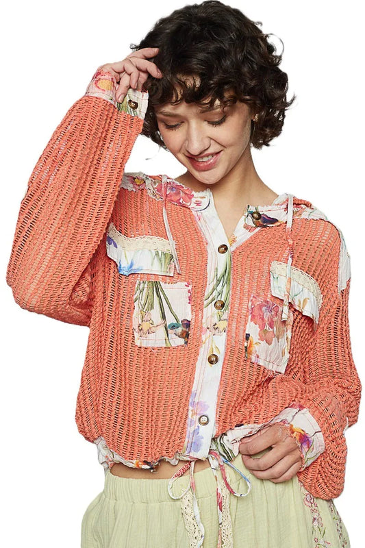 POL Vintage Washed Crochet Hoodie Jacket With Patchwork