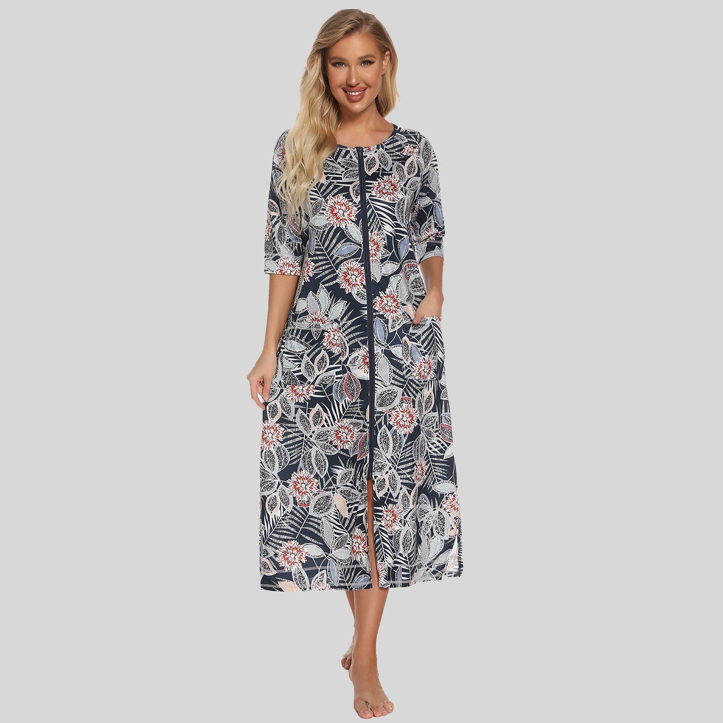 Printed Slit Night Dress with Pockets