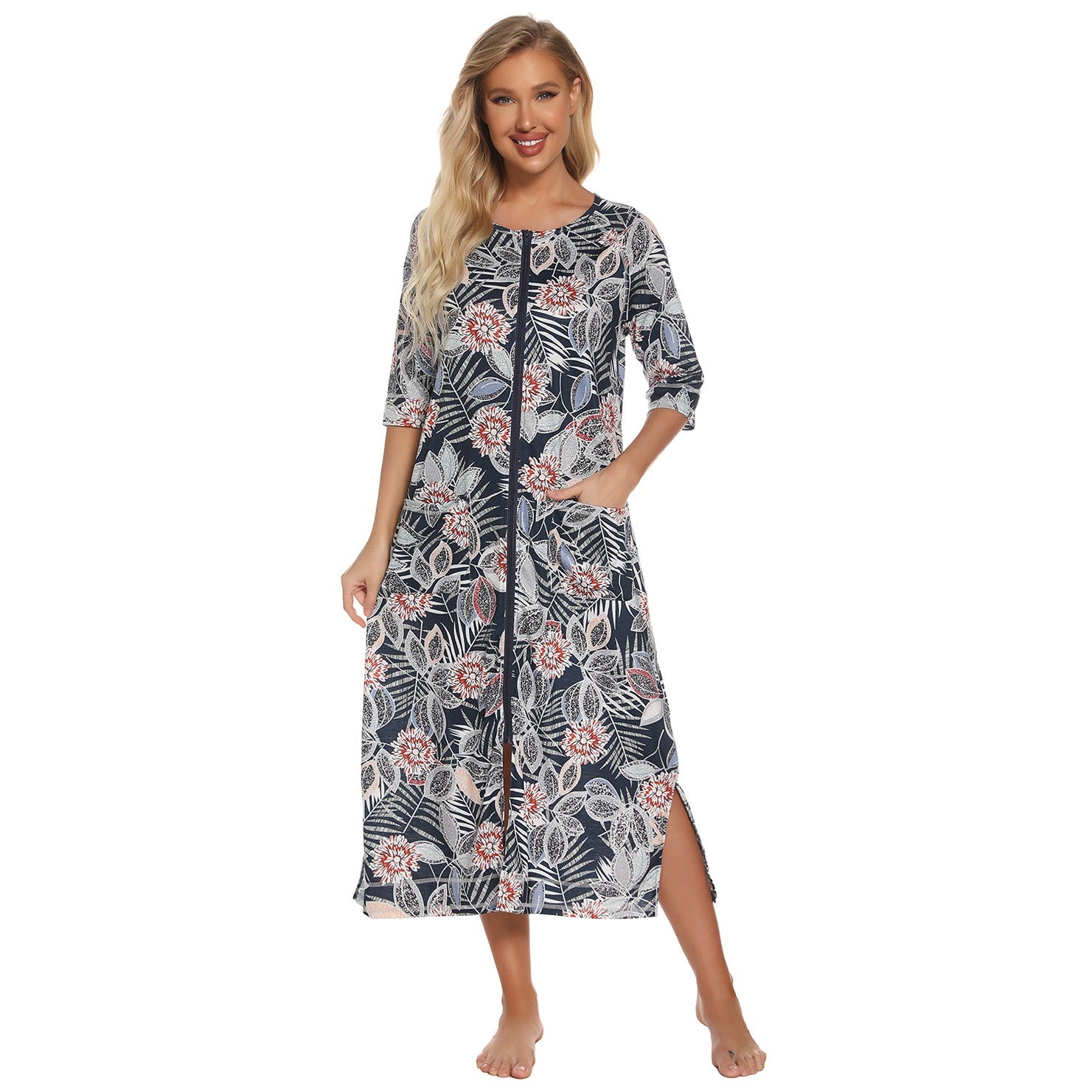 Printed Slit Night Dress with Pockets