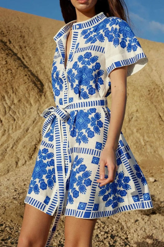 Printed Tie Waist Short Sleeve Dress
