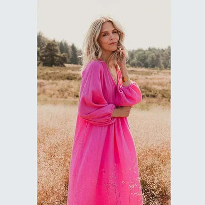 100% Cotton Gauze Muslin Night Dress For Women Sexy V-Neck Long Sleeve Maxi Party Birthday Dress Beach Boho Sundress