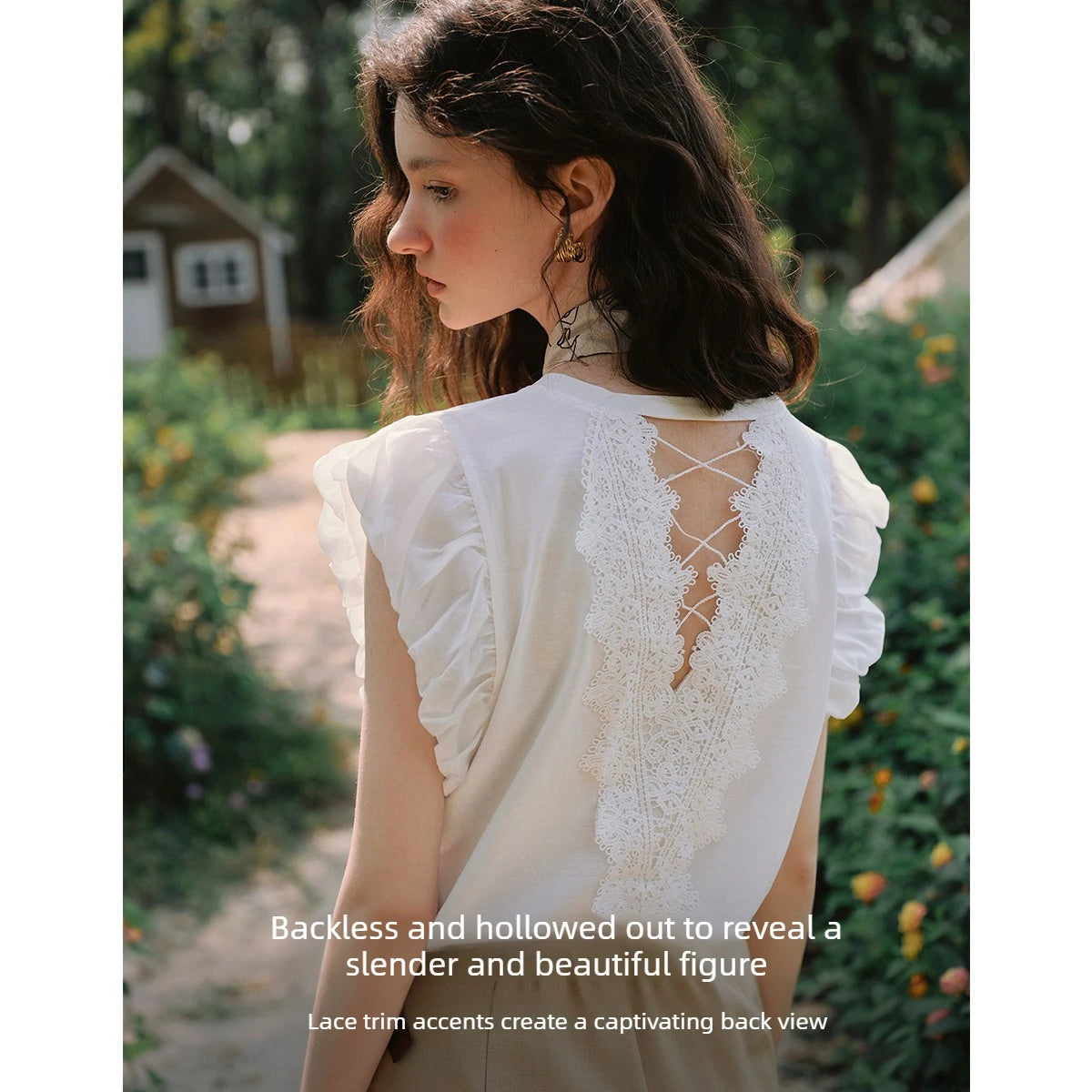 OLrain French Casual Crew Neck Short Sleeve T-Shirt Women 2026 Spring New Fashion Backless Cut Out Lace Trim Top O57XT99198 - Mod Yours