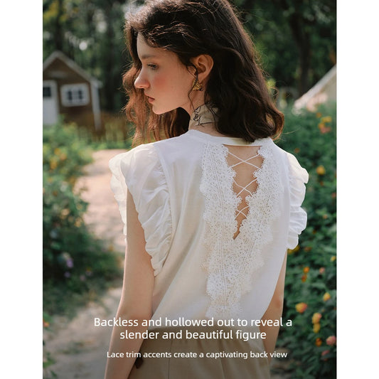 OLrain French Casual Crew Neck Short Sleeve T-Shirt Women 2026 Spring New Fashion Backless Cut Out Lace Trim Top O57XT99198 - Mod Yours