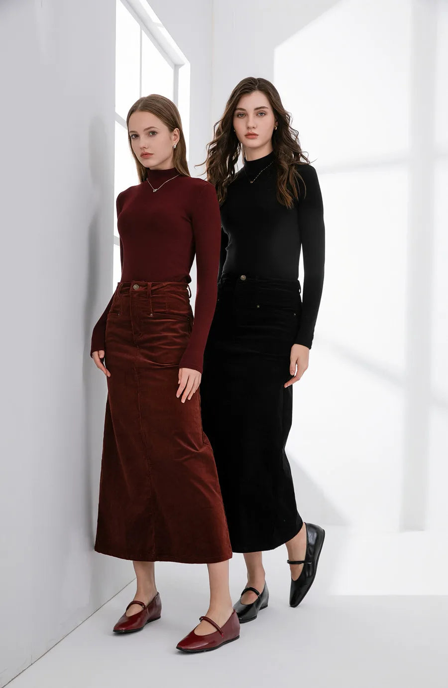 Christi Stretchy Corduroy Pocket Cotton Skirt and Turtleneck Set