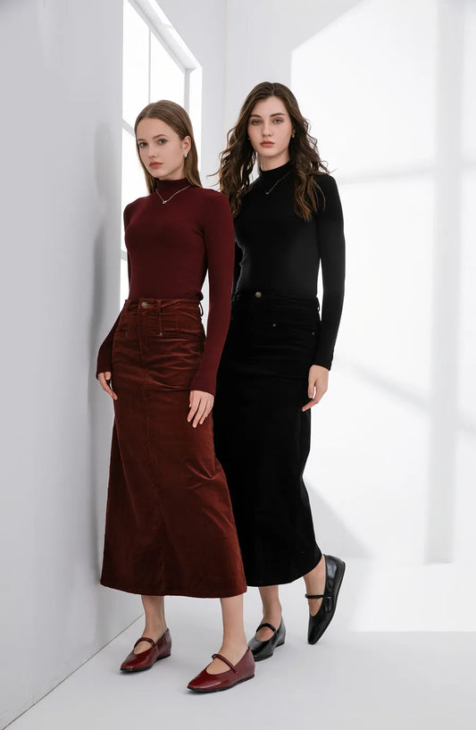 Christi Stretchy Corduroy Pocket Cotton Skirt and Turtleneck Set