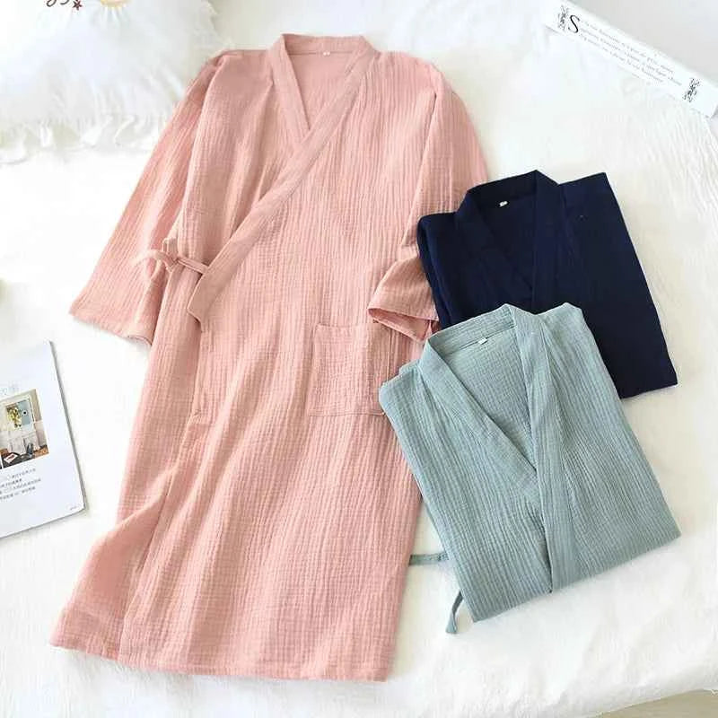 2026 Japanese-style kimono spring and summer new 100% cotton crepe ladies thin nightgown men bathrobe robe home service pajamas