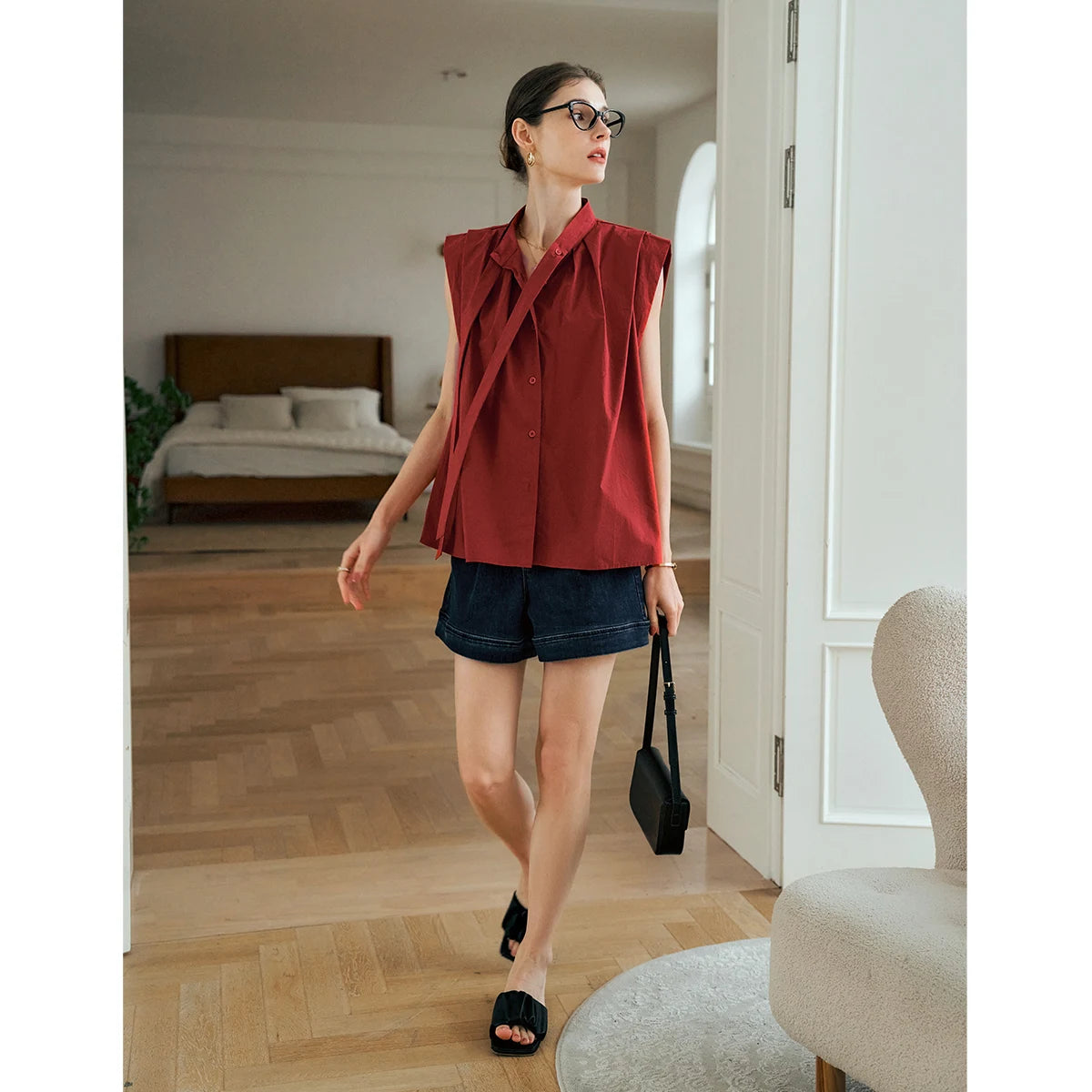 OLrain Women's Summer Red Shirts 2026 Elegant Stand Up Bow Neck Short Sleeve Commuter Ladies Tops Female Clothing O57XC92393 - Mod Yours