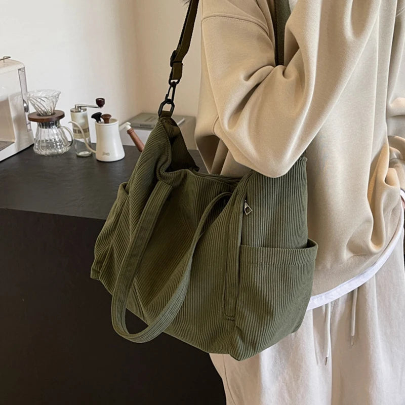 Women Corduroy Tote Bag Casual Multi Pocket Handbag Adjustable Strap Crossbody Sling Bag Zipper Shoulder Bag